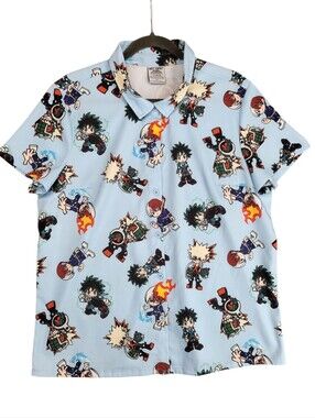 Hot Topic My Hero Academia Chibi Button Up Shirt Light Blue Anime Deku Size XL